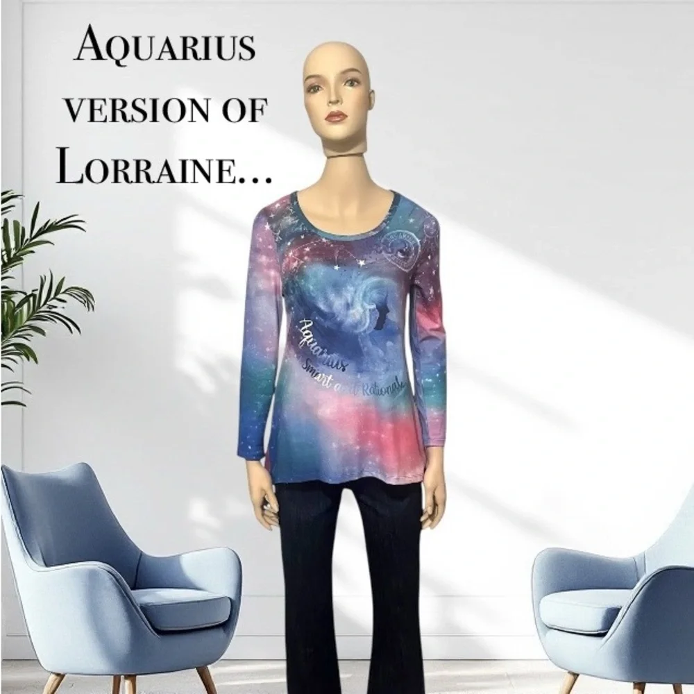 NWOT One World Knit Zodiac Aquarius Long Sleeve Mesh Back Hi-Lo Top - Picture 1 of 5
